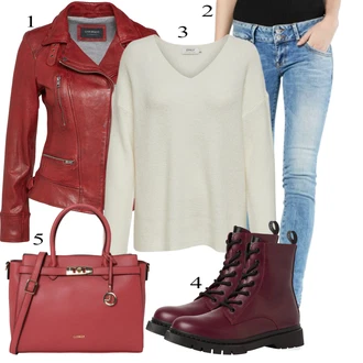 Biker outfit mit Temno Rdeča/Rdeča Vintage Usnjena Jakna/Motoristična jakna/Jakna iz Umetnega Usnja/Jakna s 3/4 Rokavom/Usnjena Jakna/Jakna z voskom Oakwood "Obleka za jesen"