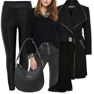 Outfit s Černá Formovaná Legína/Tregíny/Legíny s Podšívkou/Legíny s Vysokým Pasem/Kalhoty z Umělé Kůže/Vinylový Legín/Legíny Kožený Vzhled/Neprůhledný Legíny/Kožený legíny/Latexové legíny/Legíny s Rozparkem Only "Podzimní outfity"