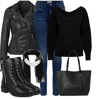 Motorka Outfit s Černá Motorkářská Bota/Bojová Bota/Motorkářská Bota/Šněrovací Kotníková Bota/Kozačka se zipem About You "Jedinečný volnočasový outfit"Look: Potápění, Jízda na koni, Pracovní, Motorka