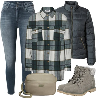 Prevelik Outfit sa Siva/Krem/Tamnozelena/Plava/Zeleno Majica/Bluza od Flanela/Karirana Bluza Noisy may "Jesenski Outfiti"Look: klasický, Stil, Boja, Punk, Prevelik, 90-ich, Preodjeven, Pomorski, Sveučilišna
