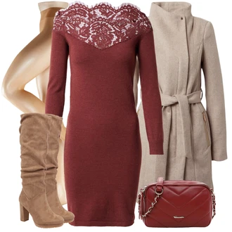 Do koljena Svatovski gost Outfit sa Crvena/Tamnocrvena/Vinski Crveno/Ljubičasta Haljina Veći Broj/Pletivo Veći Broj About You "Jesenski Outfiti"