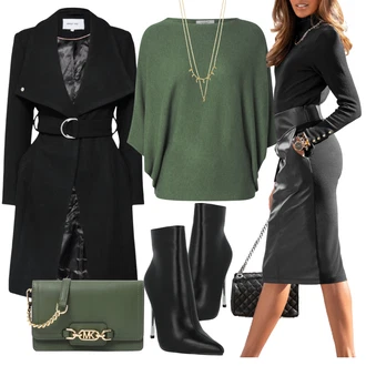 Mokri izgled Outfit sa Siva/Tamnosiva/Smeđa/Tamnozelena Kratke hlače velike veličine/Haljina Veći Broj Lascana "Jesenski Outfiti"Look: Old Money, Ured, Mokri izgled, Preodjeven, Burleska