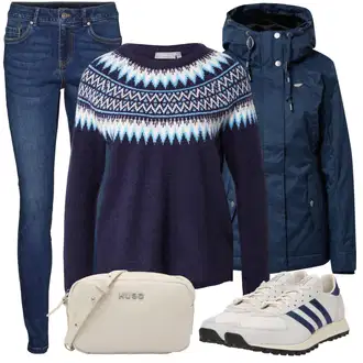 Nordijski uzorak Outfit sa Plava/Tamnoplava/Ljubičasta/Svjetloplava Pletivo Veći Broj/Džemper Fransa "Jesenski Outfiti"