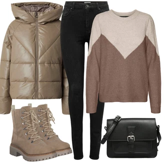 Outfit sa Smeđa/Bež/Kaki/Siva Čizmica Gležnjača na Vezanje/Borbena Čizma/Klasična čizmica Rieker "Jesenski Outfiti"