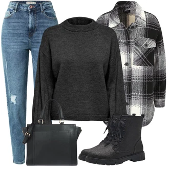 Outfit sa Crna/Siva/TamnoSiva Džemper s rol ovratnikom/Carmen Džemper/Pulover s Rol Ovratnikom/Džemper Od Kašmira/Basic Džemper/Džemper s Vodopadnim izrezom/Vuneni Džemper/Jednostavni Džemper Only "Jesenski Outfiti"