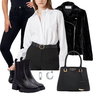 Elegantní Outfit s Bílá/Černá/Hnědá Kožená kotníková bota/Kožená bunda/Kotníková Bota s Podšívkou/Chelsea Boty kesi "Každodenní vzhled"Look: S Mokrým Vzhledem, Elegantní