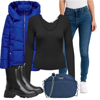 Outfit s Modrá/Tmavě modrá Zimní Bund/Puchová Bund/Udržitelná bunda/Neobvyklá bunda/Lyžařská bunda/Nafukovací Bund/Bunda s Kapucí/Prošívaná Bunda/Letní peřová bunda/Přechodné Bundy JdY "Každodenní vzhled"