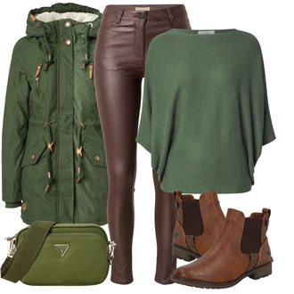 Outfit s Hnědá/Béžová Chelsea Boty/Kožená bunda/Plochá Kotníková Bota/Jezdecká Bota Mustang "Každodenní vzhled"