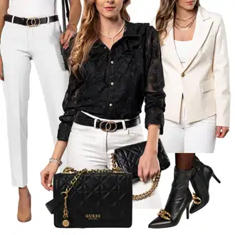Elegantan Outfit sa Crna Bluza s Volanima "Klasični outfit"Look: Elegantan, Prekrasan, Elegantna