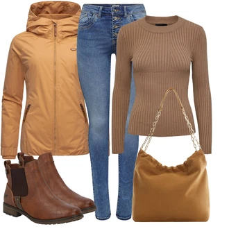 Outfit s Hnědá/Béžová Chelsea Boty/Kožená bunda/Plochá Kotníková Bota/Jezdecká Bota Mustang "Lehký outfit"
