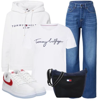 Outfit s Bílá/Růžová/Šedá/Krémová/Stříbrný/Vícebarevný Originální mikina/Svetr S Kapucí/Partnerská Mikina/Sportovní mikina/Mikina/Unisex Mikina S Kapucí/Vintage mikina/Dámský Svetr/Svetr s kapucí Tommy Hilfiger "Podzimní módní styl"