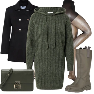 Outfit s Šedá/Hnědá/Tmavě zelená/Khaki/Béžová Nepromokavá kozačka/Holínky/Jezdecká Bota/Klasická kozačka/Dlouhá Kozačka/Kozačka se zipem/Bota se širokým nohavici About You "Módní vzhled na podzim"