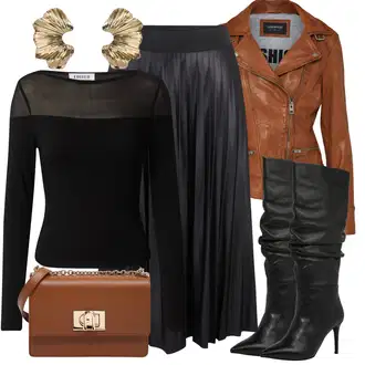 Festival Outfit s Černá/Šedá/Tmavě šedá Sukně do Délky Lýtka/Křesťanská Sukně/Dlouhá Sukně/Maxi Sukně/Midi Sukně/Moderní Sukně/Plisovaná Sukně/Sukně Pro Matriku Vila "Podzimní outfity"Look: Bar, Koncert, Festival, Zvláštní příležitosti, Divadlo, Matriční úřad