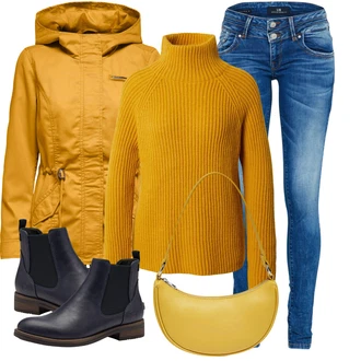 Outfit s Žlutá/Hnědá Basic Svetr/Svetr Carmen/Kašmírový Svetr/Kašmírový Svetr/Pletený Svetr/Jednoduchý Svetr/Rolák/Zimní Svetr/Vlněný Svetr/Svetr s límečkem Drykorn "Příjemný vzhled pro volný čas"