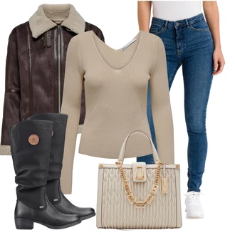 Klasické Vysoký Pas Outfit s Modrá/Světle modrá Kožená bunda/Slim Fit Džíny/High Waist Džínové Kalhoty/Džíny s Nízkým Sedem/Push up Džín/Kožené Boty Ichi "Módní outfit pro volný čas"Look: Ležérní, Klasické, Cool, Disko, Egirl, Bezešvé