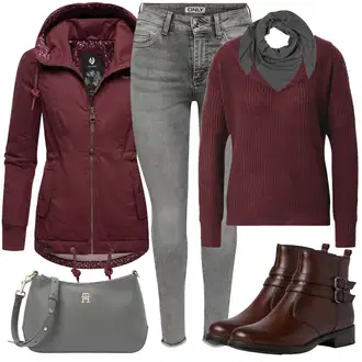 Outfit s Šedá/Tmavě šedá/Světle šedá Šál/Pokrývka hlavy Šátek na hlavu/Šátek/Bandana/Kruhový Šál About You "Módní vzhled na podzim"