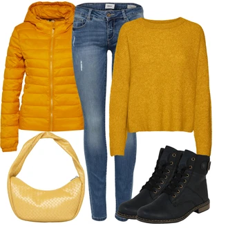 Outfit s Černá/Tmavě Modrá/Modrá Kozačka Šněrovací Kotníková Bota/Klasická Kozačka/Kotníková Bota s Podšívkou/Bojová Bota/Plochá Kotníková Bota/Motorkářská bota Rieker "Módní zimní outfit"