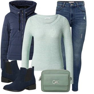 Outfit s Modrá/Tmavě modrá Prošívaná Bunda/Zimní Bund/Bunda s Kapucí/Bunda 2v1/Puchová Bund/Neobvyklá bunda/Nafukovací Bund/Podzimní bunda/Lyžařská bunda Ragwear "Módní zimní outfit"