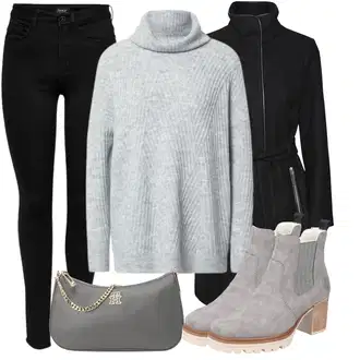 Outfit s Černá/Tmavě šedá Zimní Kabát Vlněný kabát/Kašmírový Kabát/Kabát se Zipem/Scuba Kabát/Vlněný Fleecový Kabát/Midi Kabát VERO MODA "Módní zimní outfit"