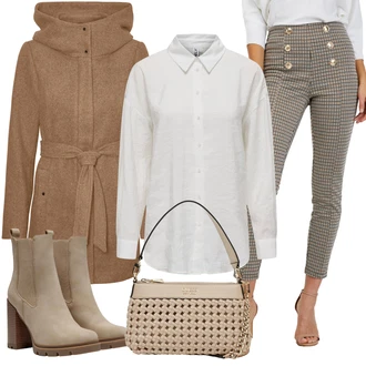 Outfit s Hnědá/Béžová/Khaki Kožená kotníková bota/Kožená bunda/Gumová Kotníková Bota/Chelsea Boty/Kotníková Bota s Podšívkou/Letní kotníková kozačka Only "Módní zimní outfit"