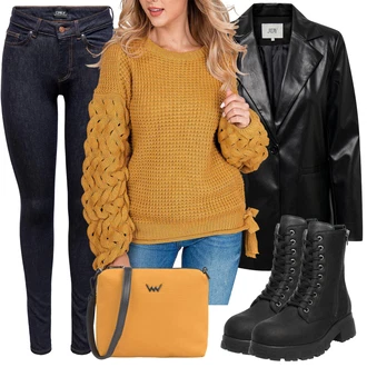 Outfit s Žlutá/Hnědá Pletený Oděv Svetr kroj/Svetr s třásněmi/Kardigán s kulatým výstřihem/Krátký svetr/Zimní svetr/Zavinovací svetr kesi "Oblečení pro volný čas"