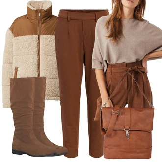 Kovbojka Outfit s Hnědá/Béžová/Tmavě hnědá Plochá Kozačka nad koleno/Bota se širokým nohavici/Jezdecká Bota/Dlouhá Kozačka/Kozačka po Kolena/Klasická Kozačka Tamaris "Perfekt na podzim"Look: Cool, Kovbojka, Nadrozměrné, Safari, Western
