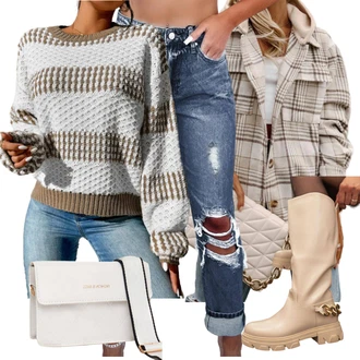 outfit mit Siva Kavbojke Visokega Pasu/Kavbojka z Nizkim Pasom/Kavbojke z Razporkom/Kavbojke Sproščenega & Ohlapnega Kroja/Usnjena Jakna "Obleka za jesen"