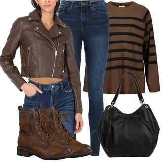 Motor Outfit sa Smeđa/Tamnosmeđa Čizmica Gležnjača na Vezanje/Čizma s patentnim zatvaračem/Borbena Čizma Tamaris "Jesenski outfiti"Look: S zakovicama, Ronjenje, Motor, Jahanje