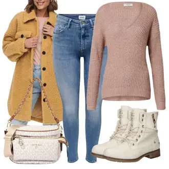 Nadrozměrné Dlouhé Outfit s Béžová/Hnědá/Žlutá Kabát Bouclé/Zimní Kabát Vlněný kabát/Vintage Kabát/Teddy Kabát/Vlněný Fleecový Kabát/Lodenový kabát/Tweedový Kabát Only "Perfekt na podzim"Look: 90tá léta, Nadrozměrné, Punk, Safari, Unisex, Univerzitní, Pracovní oděvy