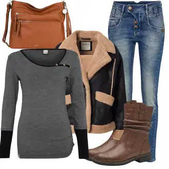 Outfit sa Bež/Krem/Crna Vintage Jakna/Vintage Kožna Jakna/Jakna od Ovčje Kože Hollister "Jesenski outfiti"
