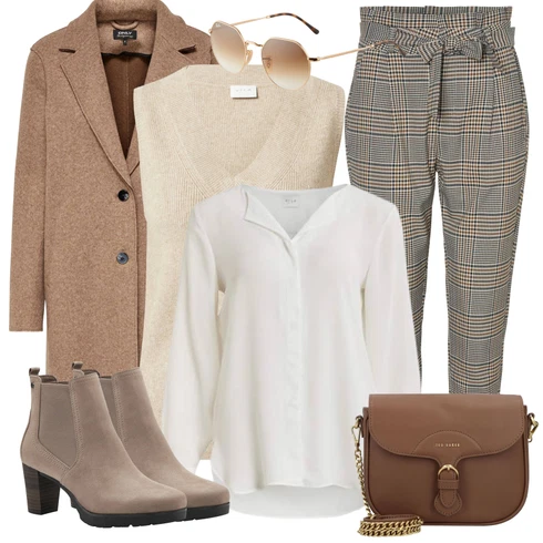 Kombinace Šedá/Hnědá/Béžová/Bílá/Krémová/Khaki Halenkové Body/Blůza s knoflíčkem/Halenka se Stojatým Límcem/Dlouhá Halenka/Halenka s Dlouhým Rukávem/Oversize Halenka/Oversize Muselínová Blůza/Slip-on Halenka/Tunikové Tričko Vila kombinovat s Hnědá/Khaki/Béžová Karierte Kalhoty/Flanelová Kalhoty/Paperbag Kalhoty/Tvídová Kalhoty VERO MODA