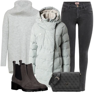 Outfit sa Smeđa/Tamnoplava/Siva/TamnoSiva/Bež Čizmica Kožna Jakna/Chelsea Gležnjača Tamaris "Outfit za zimu"