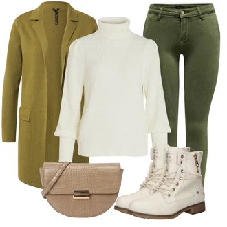 Lehké Outfit s Béžová/Bílá/Khaki/Krémová Kozačka Šněrovací Kotníková Bota/Bojová Bota/Motorkářská bota/Plochá Kotníková Bota/Kotníková Bota s Podšívkou Mustang "Podzimní outfity"