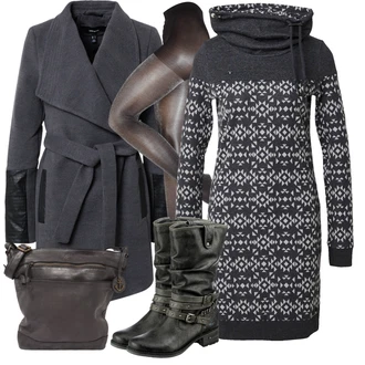 Norský vzor Outfit s Šedá/Černá/Tmavě šedá Mikinové Šaty/Pletené Šaty/Zimní šaty s dlouhým rukávem/Svetrové Šaty/Šaty S Rolákem/Zimní Pletené Šaty Ragwear "Zimní outfity"