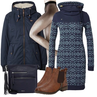 Outfit s Hnědá/Béžová Chelsea Boty/Kožená bunda/Plochá Kotníková Bota/Jezdecká Bota Mustang "Zimní outfity"