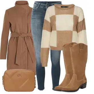 Outfit s Hnědá/Béžová Klasická kozačka/Kozačka po Kolena/Jezdecká Bota/Kovbojská Bota/Dlouhá Kozačka/Vintage kozačka/Kozačka se zipem/Bota se širokým nohavici Apple of Eden "Outfity na zimu"