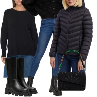 Zima Outfit s Tmavě modrá/Modrá Kožená bunda/Kotníková Bota/Push up Džín/Džíny s Rozparkem/Kožené Boty/Zkrácené Džíny/High Waist Džínové Kalhoty/Zimní bunda/Slim Fit Džíny Pieces "Podzimní Look"