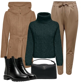 Lak Outfit s ?erná Koza?ka Ko?ená bunda/Chelsea Boty/Plochá Kotníková Bota/Ko?ená kotníková bota Only "Podzimní Look"Look: Gotický, S Mokrým Vzhledem, ?ik, Lak, Premium, Glamourové, Nadrozm?rné, Metal, Trendový, Elegantní