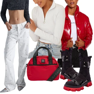 Outfit s Bílá/Fialová/Hnědá/Tmavě modrá Sweat Džíny/Džíny Culottes/Kožená Pánská Bund/Kožená bunda/Dad Džíny/Džín s Širokou Nohavicí/Džíny Volného Střihu/Formální Košile Trendyol "Outfit na podzim"