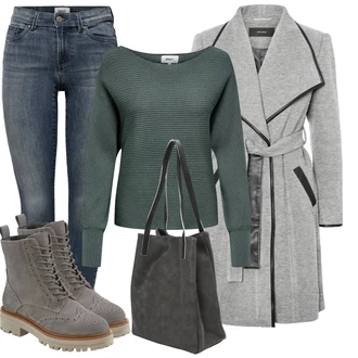 Outfit s Šedá/Světle šedá/Tmavě šedá/Béžová Kozačka Šněrovací Kotníková Bota/Zimní kotníková bota/Plochá Kotníková Bota/Klasická Kozačka/Bojová Bota/Kotníková Bota s Podšívkou Lascana "Outfit na podzim"