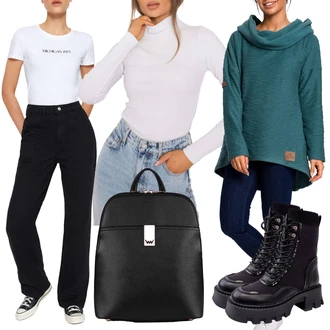 Džínovina Outfit s Bílá/Krémová/Zelená/Fialová/Modrá/Tmavě modrá Mom Jean/Plisované Džíny/Sweat Džíny/Kožená Pánská Bund/Kožená bunda/Džín s Širokou Nohavicí/Džíny Volného Střihu/Formální Košile/Dad Džíny/Džíny Culottes Trendyol "Outfit na podzim"