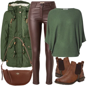 Outfit s Hnědá/Béžová Chelsea Boty/Kožená bunda/Plochá Kotníková Bota/Jezdecká Bota Mustang "Outfit na podzim"