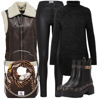 Elastický Outfit s Šedá/Růžová/Zelená Kožená bunda/Chelsea Boty/Gumová Kotníková Bota Guess "Outfit na podzim"