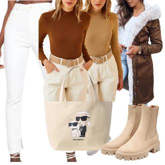 3/4 Rukáv Outfit s Hnědá/Béžová Jednobarevná Halenka/Halenka se Stojatým Límcem/Halenka s Trychtýřovým Límcem/Halenkové Body happiness İstanbul "Outfit na podzim"