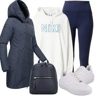 Prošívaný Dlouhé Outfit s Tmavě modrá Zimní Kabát/Kabát s Kapucí/Prošívaný kabát/Kabát se Zipem/Softshellový Kabát/Scuba Kabát Ragwear "Outfit na podzim"