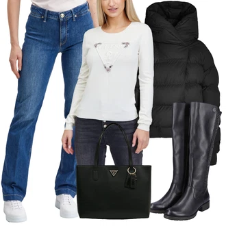 Skromné Outfit s Modrá Rovná Džína/Girlfriend Džíny/Navlékací džíny/Pánské tričko/Vintage džíny/Formální Košile/Dad Džíny/Sportovní boty/Slim Fit Džíny/Kožené Boty/Džíny Regular Fit Guess "Outfit na podzim"Look: Sexy, Ležérní, Klasické, Cool, Egirl, Skromné