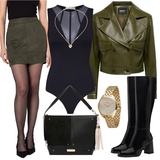 Párty Outfit s Tmavě zelená/Khaki/Šedá Krátká Sukně/Sukně z umělé kůže/Kožená Sukně/Kožená Minisukně/Zimní Sukně Only "Outfit na podzim"Look: Bar, Koncert, Škola, Zvláštní příležitosti, Matriční úřad, Párty