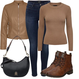 Outfit s Tmavě modrá Zimní bunda/Navlékací džíny/Džíny s Nízkým Sedem/Kožené Boty/Kožená bunda/High Waist Džínové Kalhoty/Push up Džín/Slim Fit Džíny/Termální Džíny Only "Outfit na podzim"