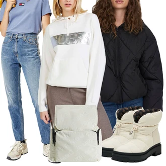 Outfit s Bílá/Béžová/Khaki Kozačka Boty do Sněhu/Zimní bota/Zimní Kozačka z jehněčí kůže/Vycpaná Kozačka/Zimní tenisky/Zimní kotníková bota Guess "Outfit na podzim"