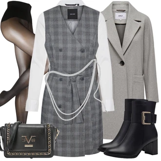 Výstřih na ramena Outfit s Šedá/Tmavě šedá/Světle šedá Flanelové Šaty/Sakové Šaty/Kancelářské šaty/Šaty Bez Rukávů/Zavinovací Šaty/Tvidové šaty/Šaty s Páskem VERO MODA "Outfit na podzim"